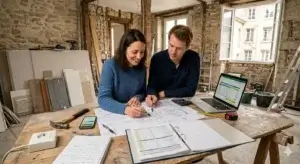 Couple heureux parcourant les propositions de travaux faites par Purple Immobilier