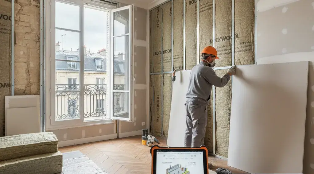 artisan RGE travaillant à l'isolation des murs ITI dans un studio pour investissement locatif