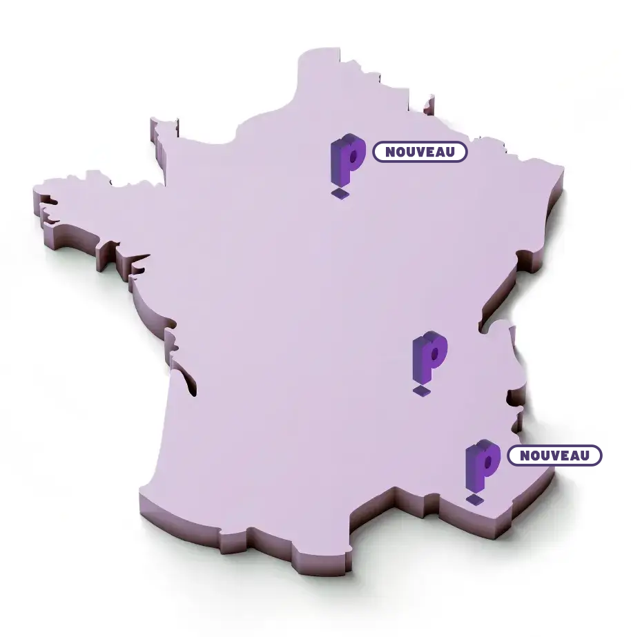 Carte de France montrant l'implantaton de Purple Immobilier à Paris, Lyon et Marseille