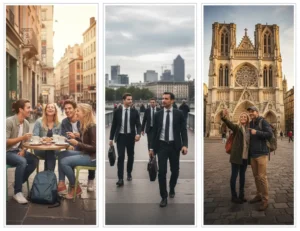 étudiant sur la terrase d'un bar à Lyon, comerciaux en costume quittant le quartier de part Dieu, couple de touriste devant St Jean à Lyon