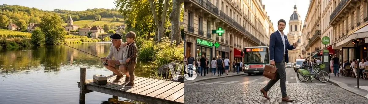 grand père profitant de sa retraite pour aller à la pêche avec son petit fils, vs jeune investisseur marchant dans les rue de Paris