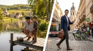 grand père profitant de sa retraite pour aller à la pêche avec son petit fils, vs jeune investisseur marchant dans les rue de Paris